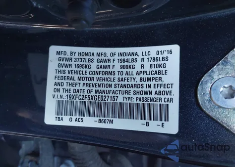 2016 Honda Civic Lx из США, поврежденный, VIN 19XFC2F5XGE027157